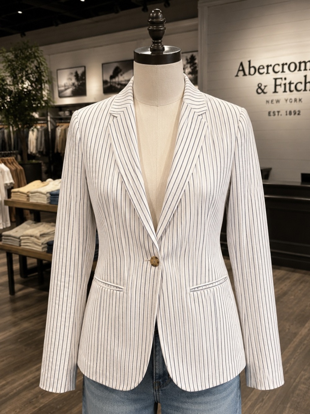 Abercrombie & Fitch Striped Linen Blend Blazer XS White Blue One Button